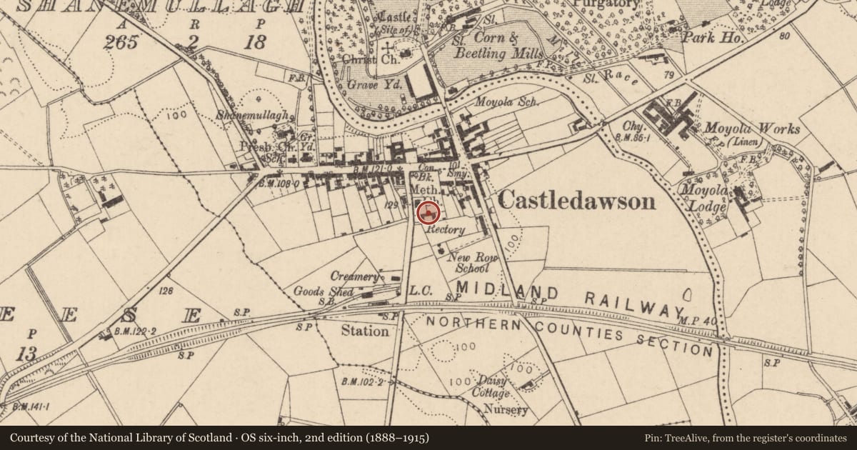 Ordnance Survey six-inch map, 2nd edition (1888–1915) covering the location of Christ Church Rectory, Mid Ulster, with a pin at the register's coordinates