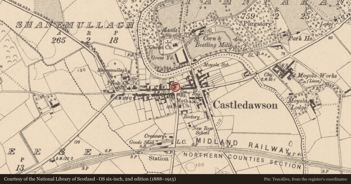 Ordnance Survey six-inch map, 2nd edition (1888–1915) covering the location of 31 Main St., Mid Ulster, with a pin at the register's coordinates