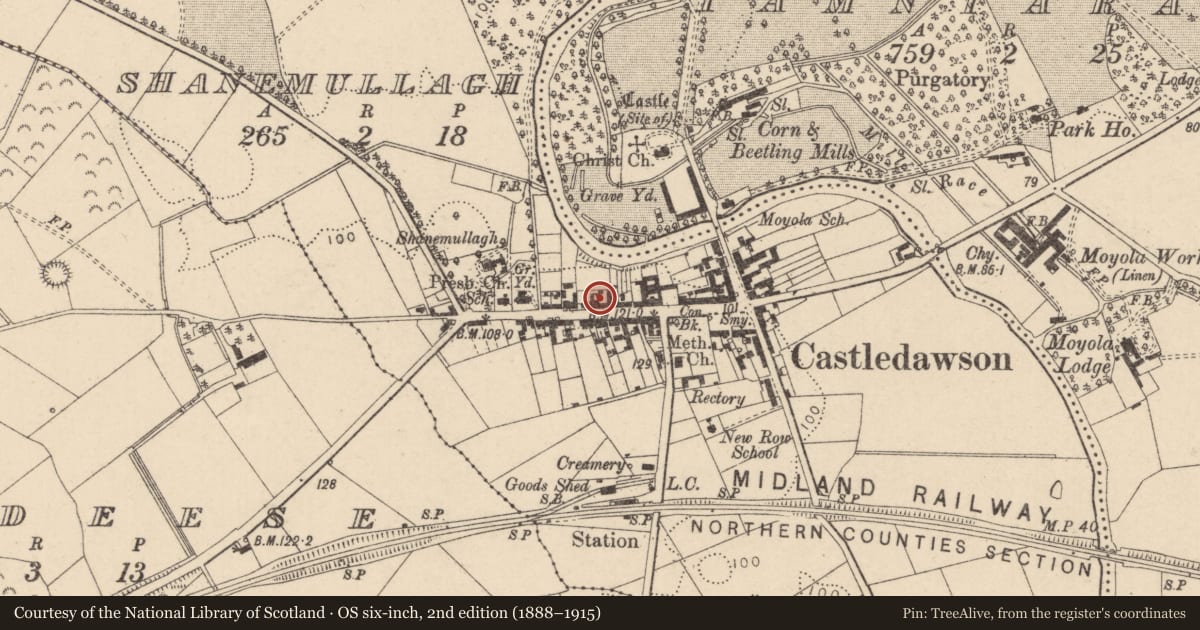 Ordnance Survey six-inch map, 2nd edition (1888–1915) covering the location of 47 Main St., Mid Ulster, with a pin at the register's coordinates