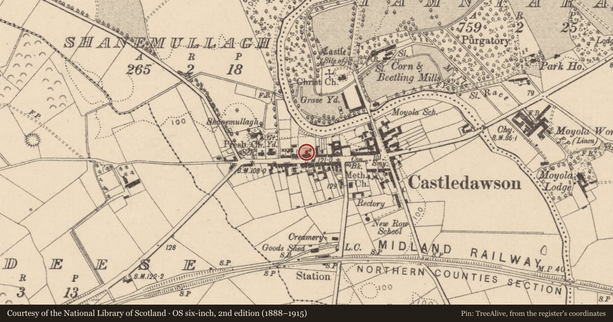 Ordnance Survey six-inch map, 2nd edition (1888–1915) covering the location of 49 Main St., Mid Ulster, with a pin at the register's coordinates