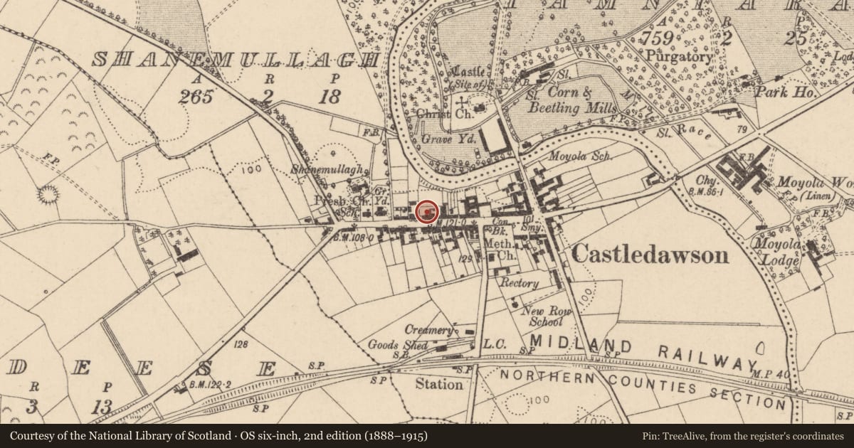 Ordnance Survey six-inch map, 2nd edition (1888–1915) covering the location of 51 Main St., Mid Ulster, with a pin at the register's coordinates