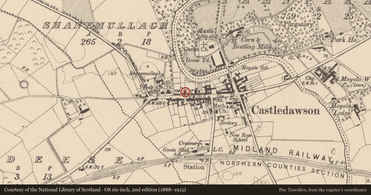 Ordnance Survey six-inch map, 2nd edition (1888–1915) covering the location of 53 Main St., Mid Ulster, with a pin at the register's coordinates