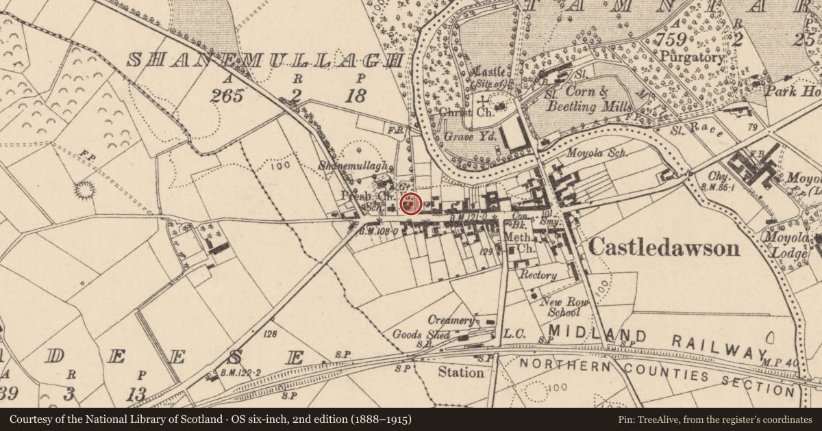 Ordnance Survey six-inch map, 2nd edition (1888–1915) covering the location of Presbyterian Church, Mid Ulster, with a pin at the register's coordinates