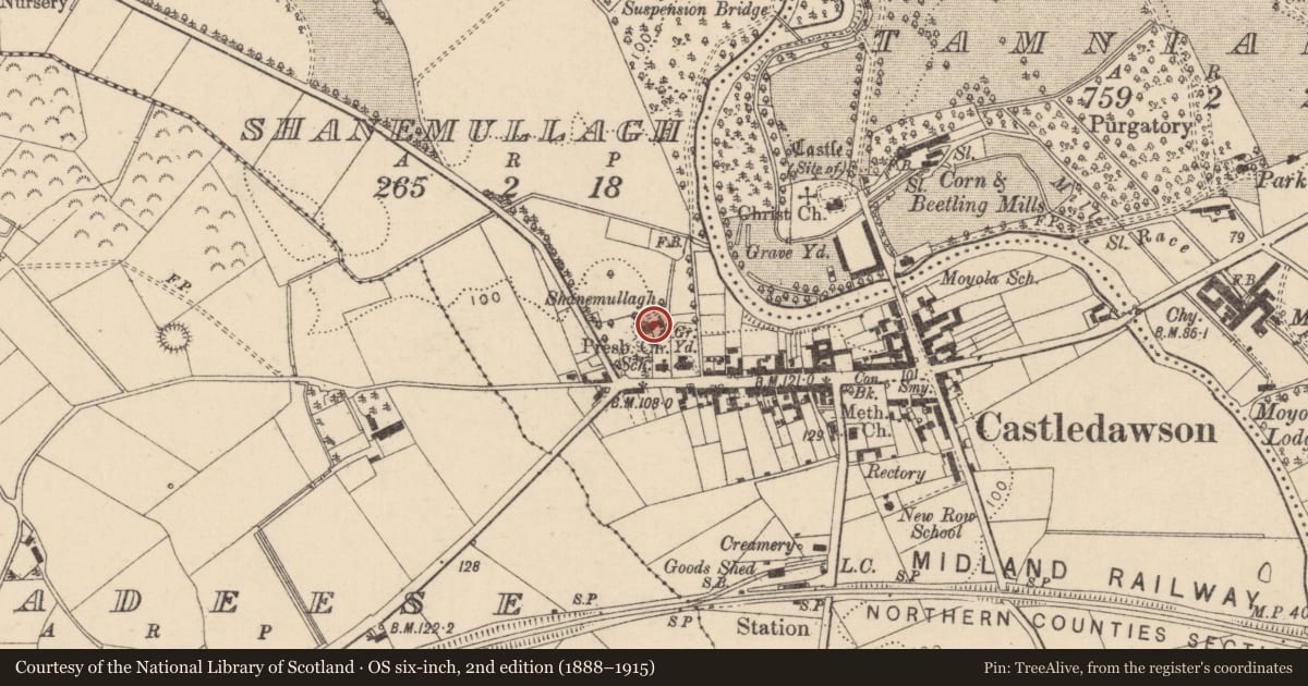 Ordnance Survey six-inch map, 2nd edition (1888–1915) covering the location of The Manse, Mid Ulster, with a pin at the register's coordinates