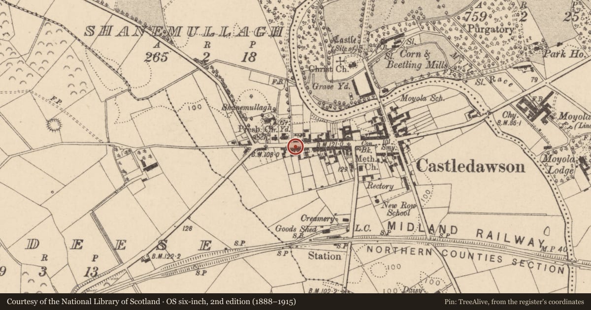 Ordnance Survey six-inch map, 2nd edition (1888–1915) covering the location of 68 Main St., Mid Ulster, with a pin at the register's coordinates