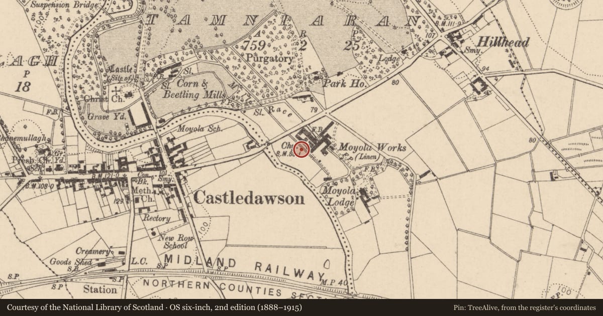 Ordnance Survey six-inch map, 2nd edition (1888–1915) covering the location of Moyola Linen Works, Mid Ulster, with a pin at the register's coordinates