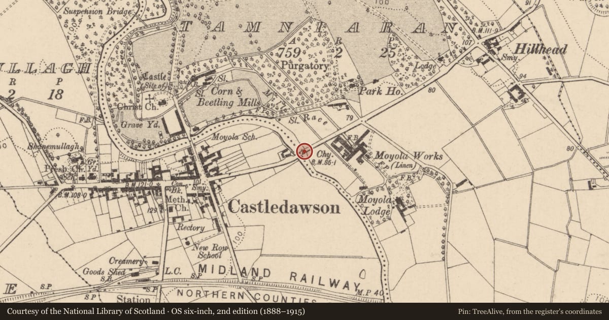 Ordnance Survey six-inch map, 2nd edition (1888–1915) covering the location of Butler'S Bridge, Mid Ulster, with a pin at the register's coordinates