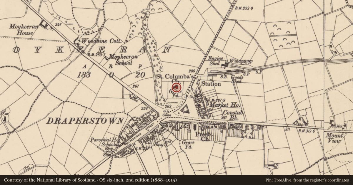 Ordnance Survey six-inch map, 2nd edition (1888–1915) covering the location of St. Columba'S Church, Mid Ulster, with a pin at the register's coordinates