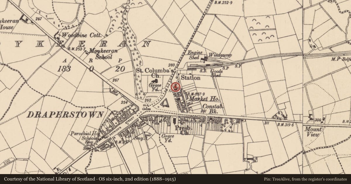Ordnance Survey six-inch map, 2nd edition (1888–1915) covering the location of 2 High St., Mid Ulster, with a pin at the register's coordinates