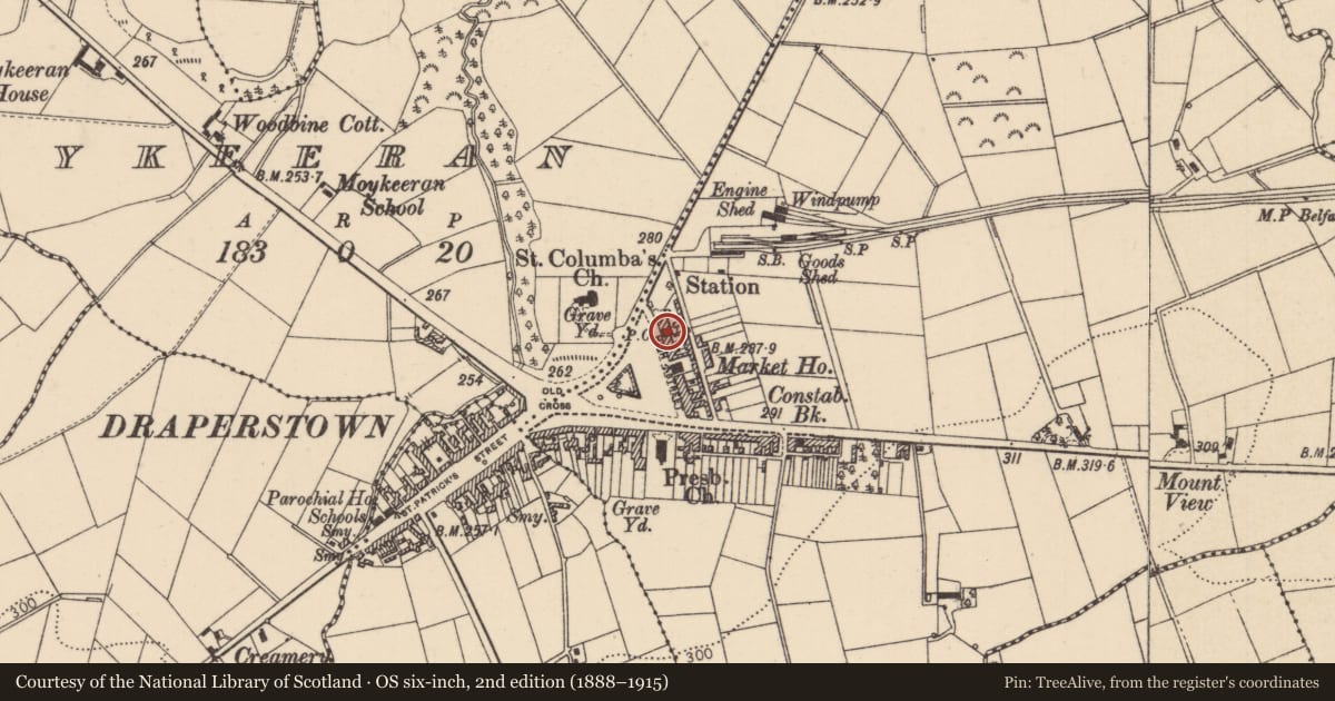 Ordnance Survey six-inch map, 2nd edition (1888–1915) covering the location of 4-6 High St., Mid Ulster, with a pin at the register's coordinates