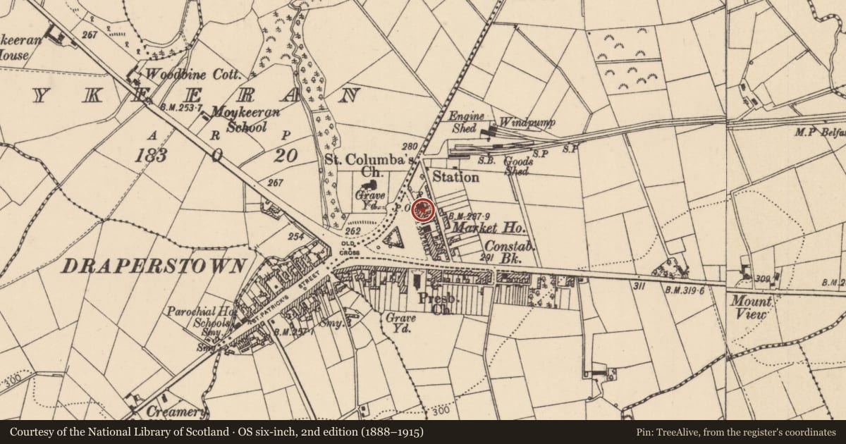 Ordnance Survey six-inch map, 2nd edition (1888–1915) covering the location of 8-10 High St., Mid Ulster, with a pin at the register's coordinates
