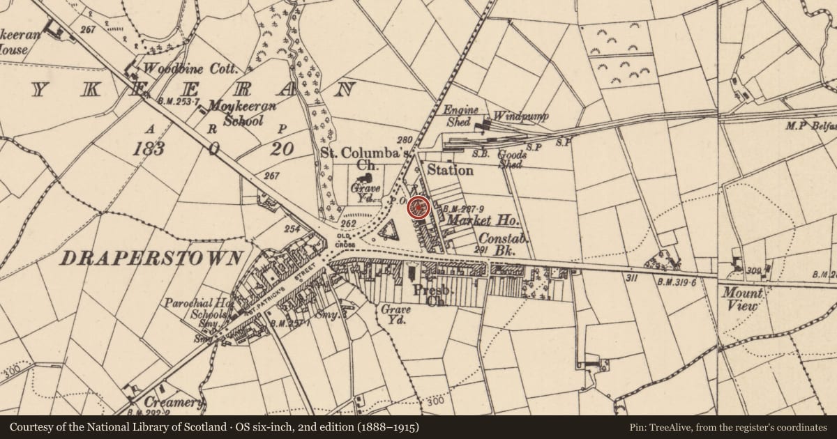 Ordnance Survey six-inch map, 2nd edition (1888–1915) covering the location of 12-14 High St., Mid Ulster, with a pin at the register's coordinates