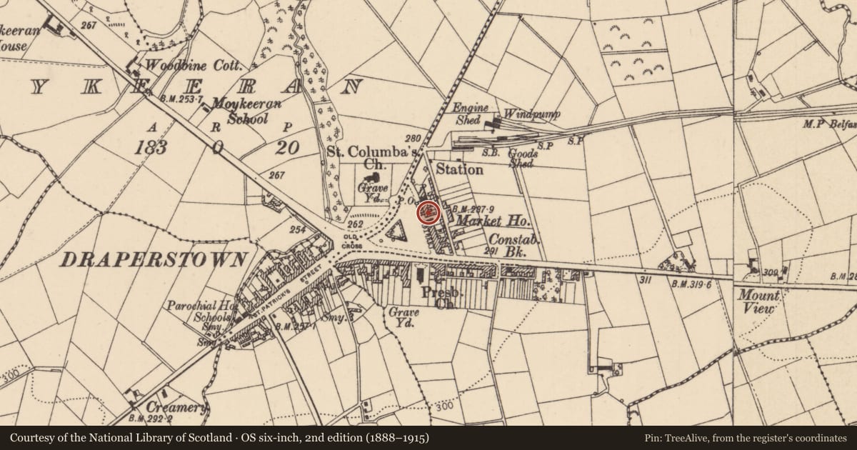 Ordnance Survey six-inch map, 2nd edition (1888–1915) covering the location of 16 High St., Mid Ulster, with a pin at the register's coordinates