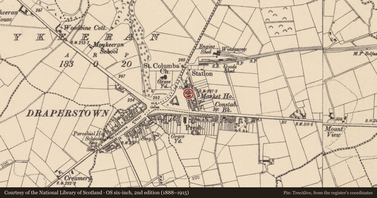 Ordnance Survey six-inch map, 2nd edition (1888–1915) covering the location of 18 High St., Mid Ulster, with a pin at the register's coordinates