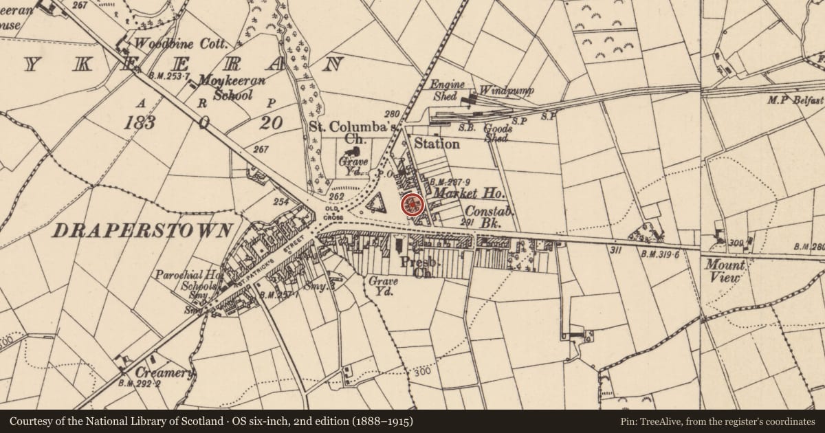 Ordnance Survey six-inch map, 2nd edition (1888–1915) covering the location of 24 High St., Mid Ulster, with a pin at the register's coordinates