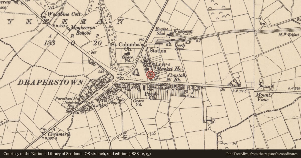Ordnance Survey six-inch map, 2nd edition (1888–1915) covering the location of 26-28 High St., Mid Ulster, with a pin at the register's coordinates