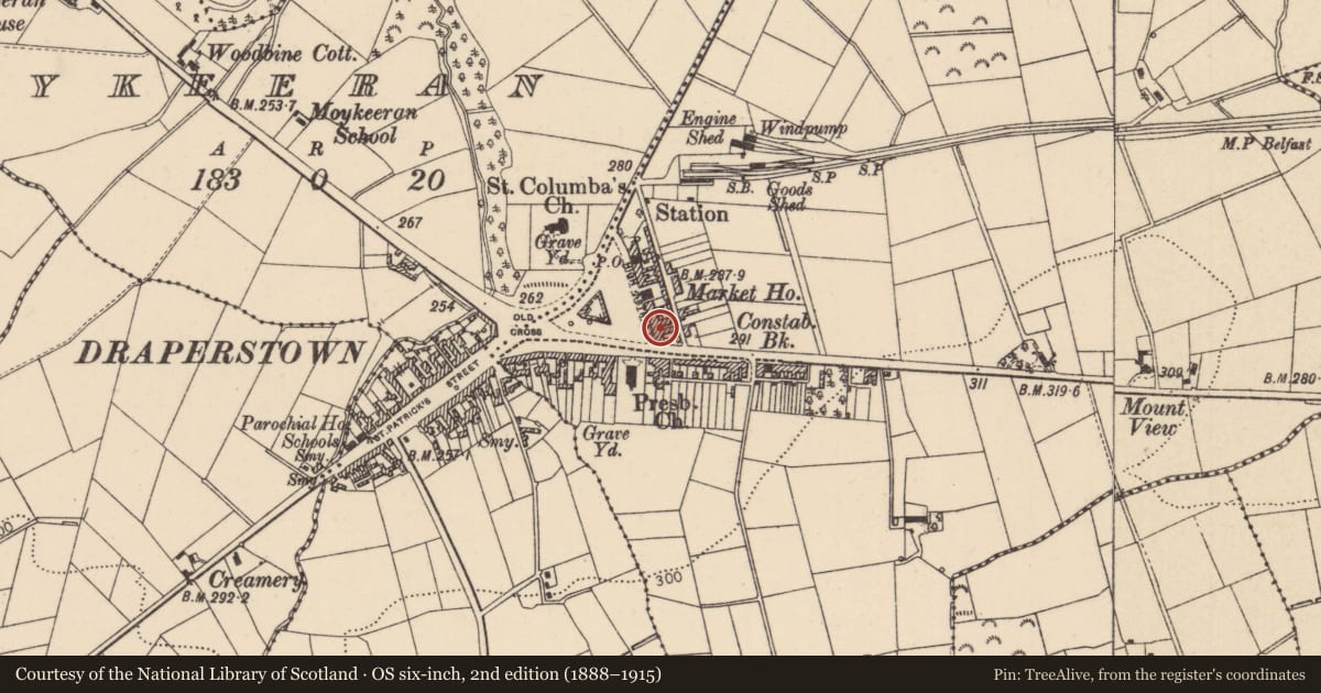 Ordnance Survey six-inch map, 2nd edition (1888–1915) covering the location of 30-32 High St., Mid Ulster, with a pin at the register's coordinates