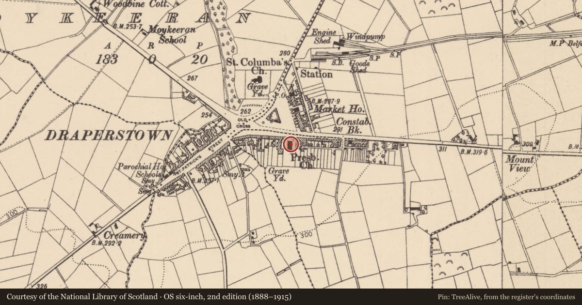 Ordnance Survey six-inch map, 2nd edition (1888–1915) covering the location of Presbyterian Church, Mid Ulster, with a pin at the register's coordinates