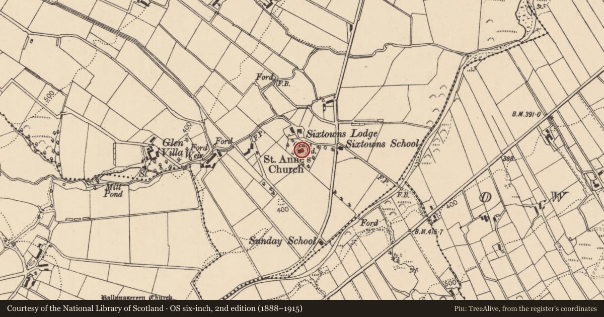 Ordnance Survey six-inch map, 2nd edition (1888–1915) covering the location of St. Anne'S Church, Mid Ulster, with a pin at the register's coordinates