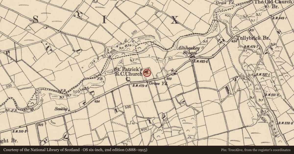 Ordnance Survey six-inch map, 2nd edition (1888–1915) covering the location of St. Patrick'S R C CHURCH, Mid Ulster, with a pin at the register's coordinates