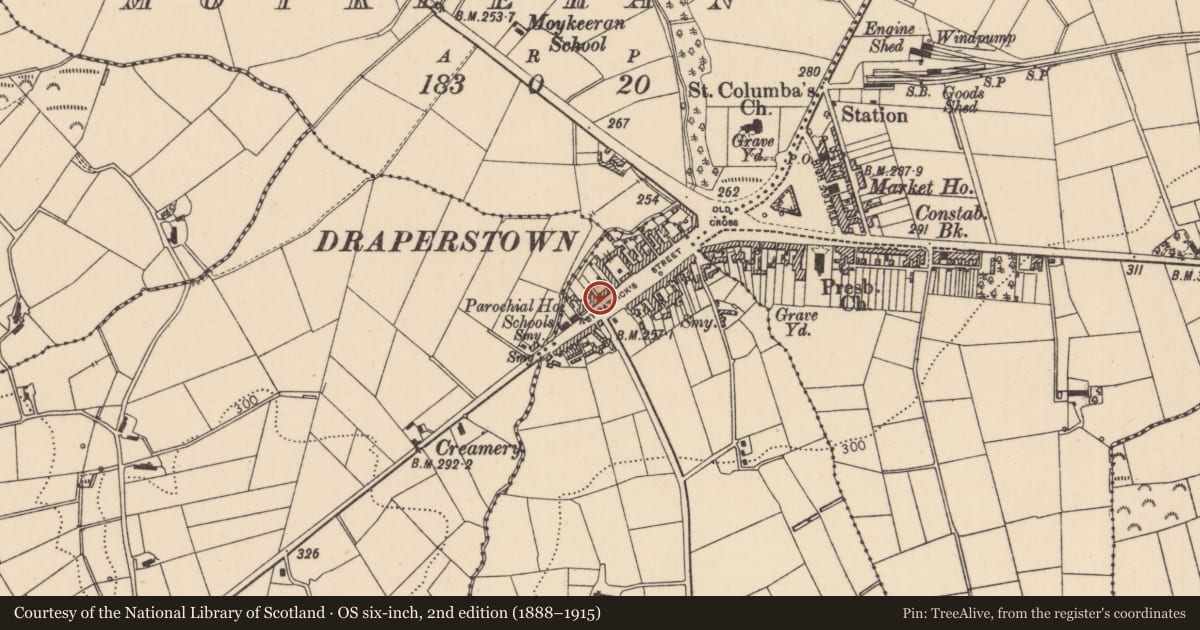 Ordnance Survey six-inch map, 2nd edition (1888–1915) covering the location of 49-51 St. Patrick'S St., Mid Ulster, with a pin at the register's coordinates