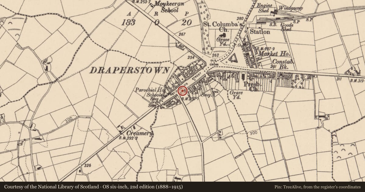 Ordnance Survey six-inch map, 2nd edition (1888–1915) covering the location of Telephone Kiosk, Mid Ulster, with a pin at the register's coordinates