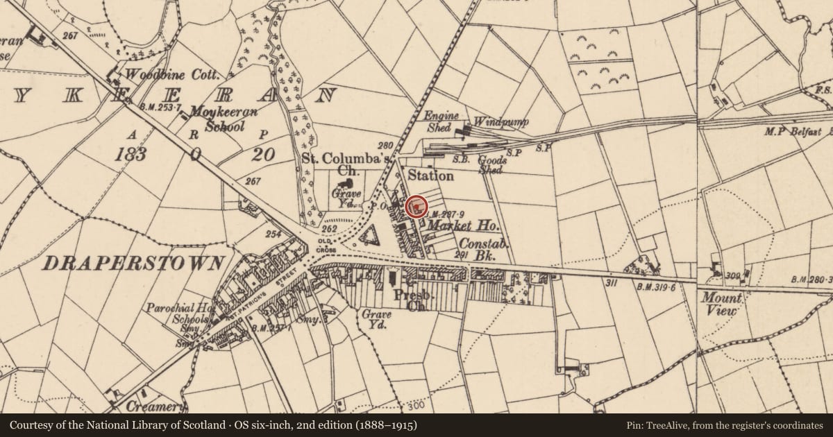 Ordnance Survey six-inch map, 2nd edition (1888–1915) covering the location of Soup Kitchen, Mid Ulster, with a pin at the register's coordinates