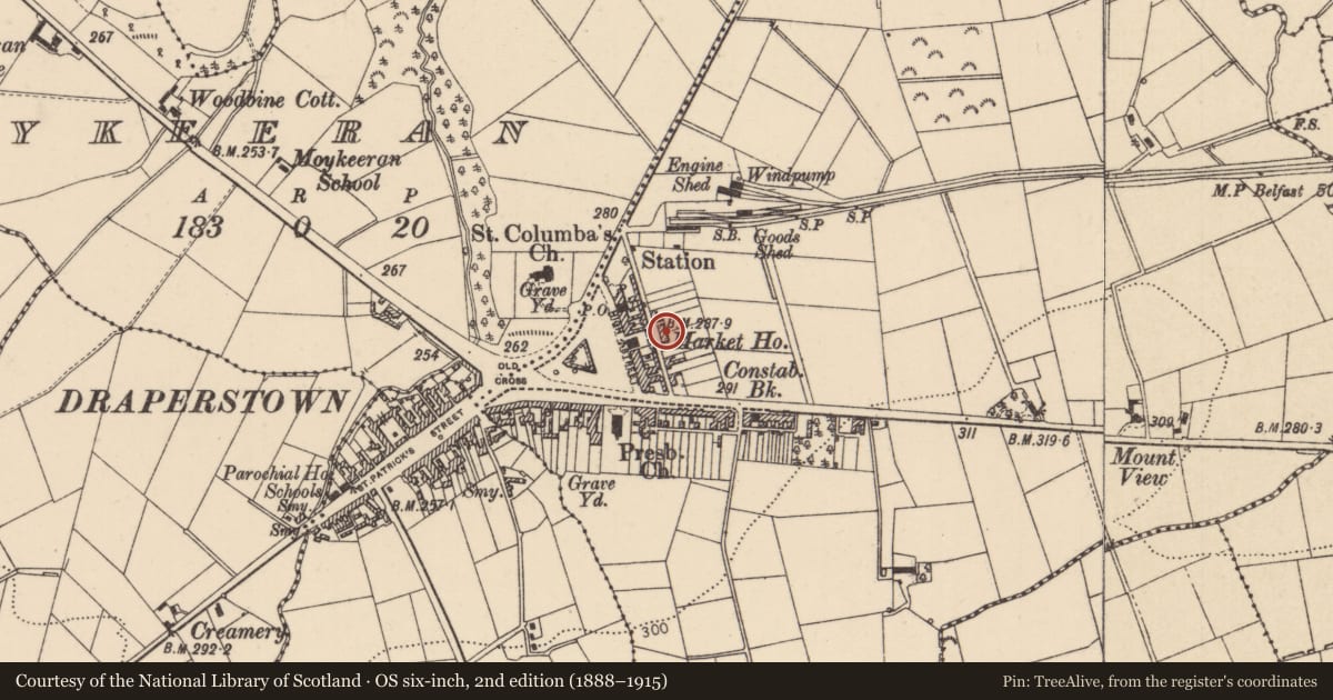 Ordnance Survey six-inch map, 2nd edition (1888–1915) covering the location of Corn Store, Mid Ulster, with a pin at the register's coordinates
