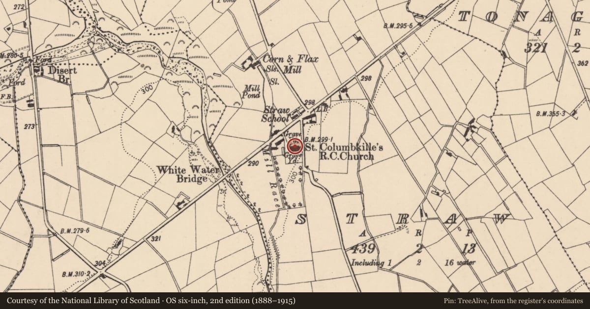 Ordnance Survey six-inch map, 2nd edition (1888–1915) covering the location of St Columba's Church, Straw, Mid Ulster, with a pin at the register's coordinates