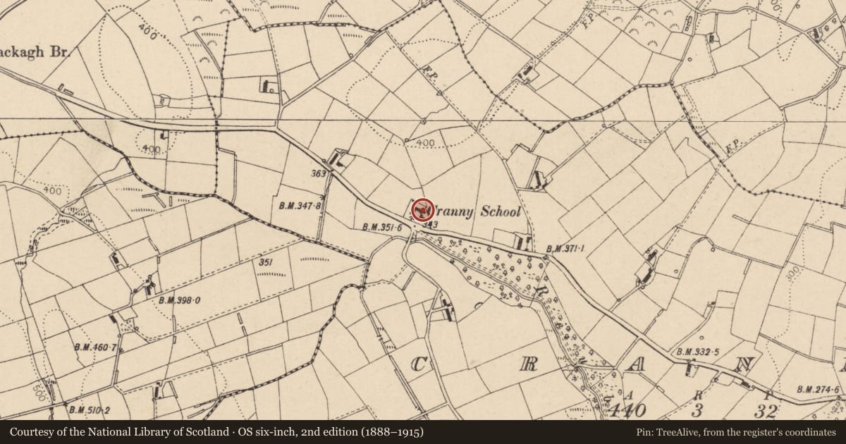 Ordnance Survey six-inch map, 2nd edition (1888–1915) covering the location of Cranny Primary School, Mid Ulster, with a pin at the register's coordinates