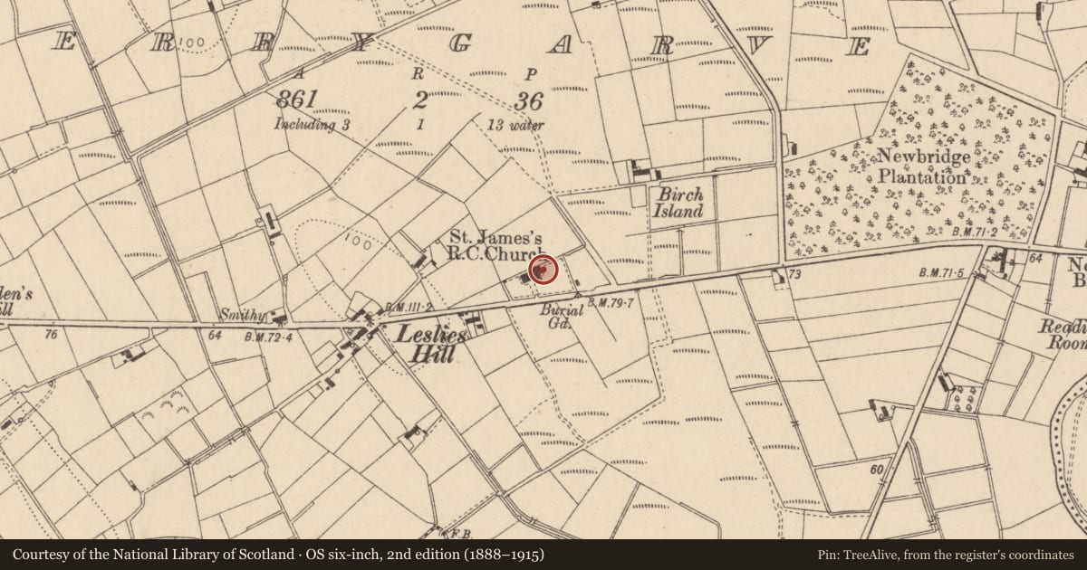 Ordnance Survey six-inch map, 2nd edition (1888–1915) covering the location of St. James' R C CHURCH, Mid Ulster, with a pin at the register's coordinates