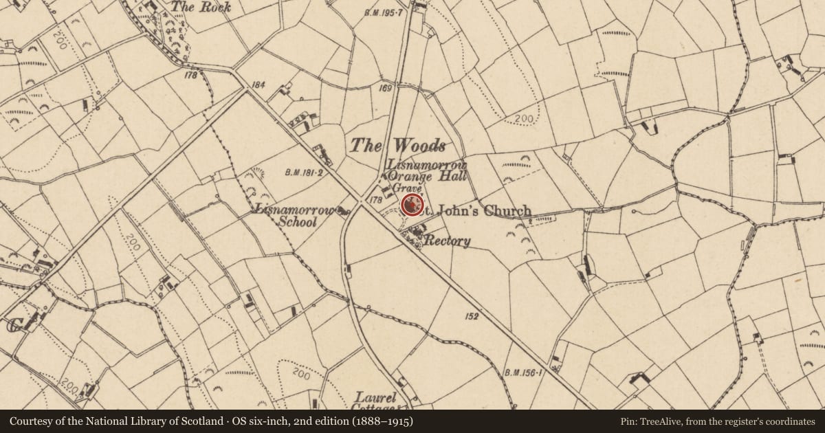 Ordnance Survey six-inch map, 2nd edition (1888–1915) covering the location of St. John'S Church, Mid Ulster, with a pin at the register's coordinates