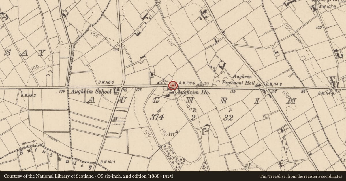 Ordnance Survey six-inch map, 2nd edition (1888–1915) covering the location of Aughrim House, Mid Ulster, with a pin at the register's coordinates