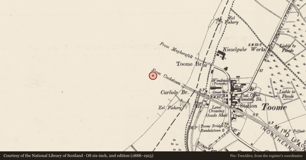 Ordnance Survey six-inch map, 2nd edition (1888–1915) covering the location of Temple Of Liberty, Learning And Select Amusement, Mid Ulster, with a pin at the register's coordinates