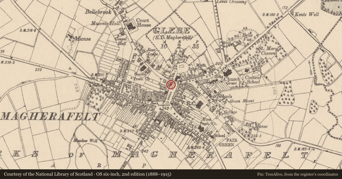 Ordnance Survey six-inch map, 2nd edition (1888–1915) covering the location of Ulster Bank, Mid Ulster, with a pin at the register's coordinates
