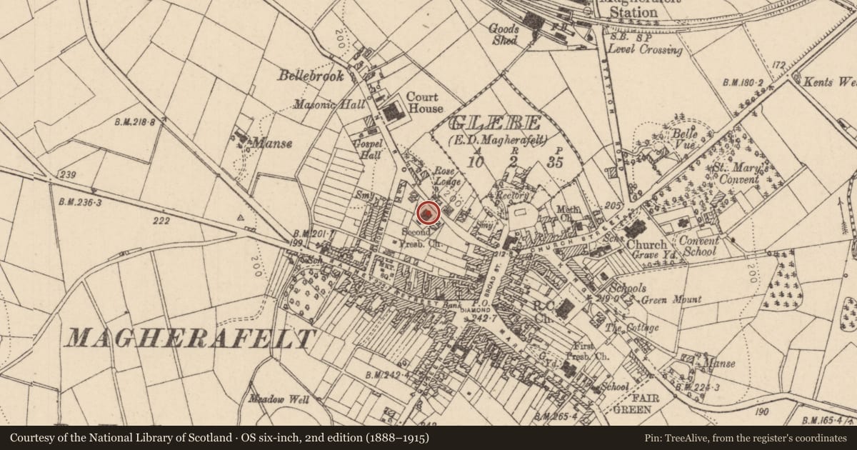 Ordnance Survey six-inch map, 2nd edition (1888–1915) covering the location of Union Road Presbyterian Church, Mid Ulster, with a pin at the register's coordinates