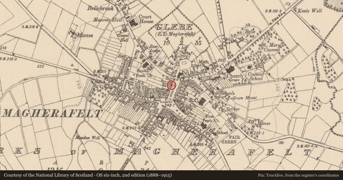 Ordnance Survey six-inch map, 2nd edition (1888–1915) covering the location of Ulsterbus Offices, Mid Ulster, with a pin at the register's coordinates