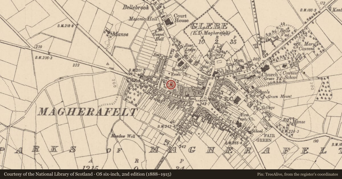 Ordnance Survey six-inch map, 2nd edition (1888–1915) covering the location of Two Storey Range Of Buildings At Market Yard, Mid Ulster, with a pin at the register's coordinates