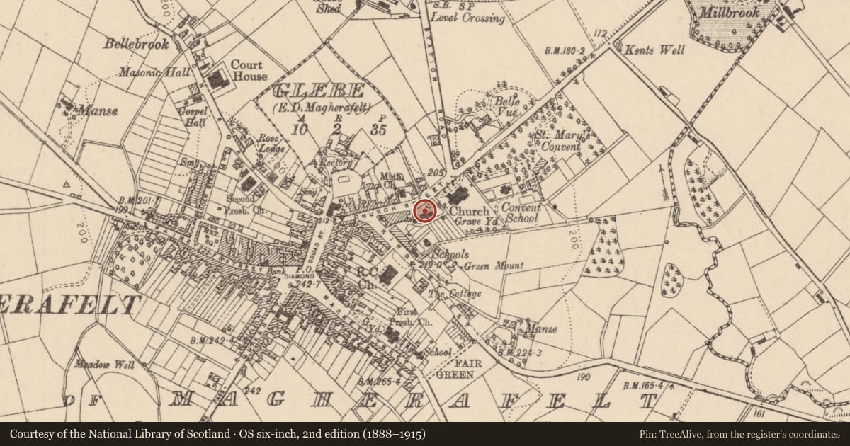 Ordnance Survey six-inch map, 2nd edition (1888–1915) covering the location of Parochial School, Mid Ulster, with a pin at the register's coordinates