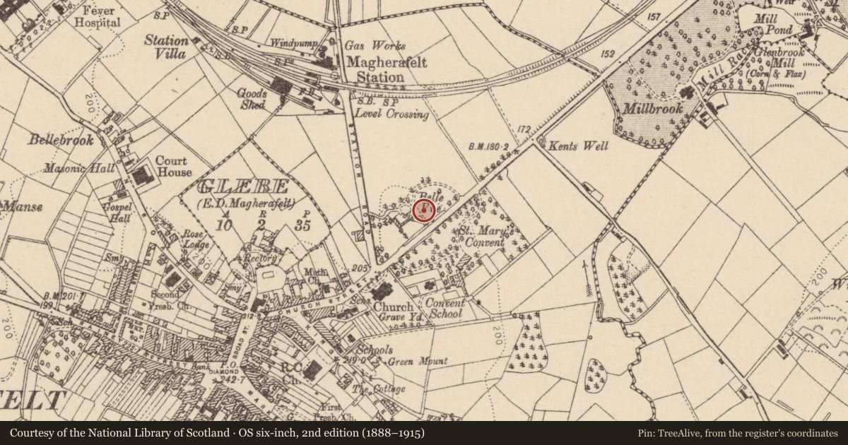 Ordnance Survey six-inch map, 2nd edition (1888–1915) covering the location of Cranagh Dhu, Mid Ulster, with a pin at the register's coordinates