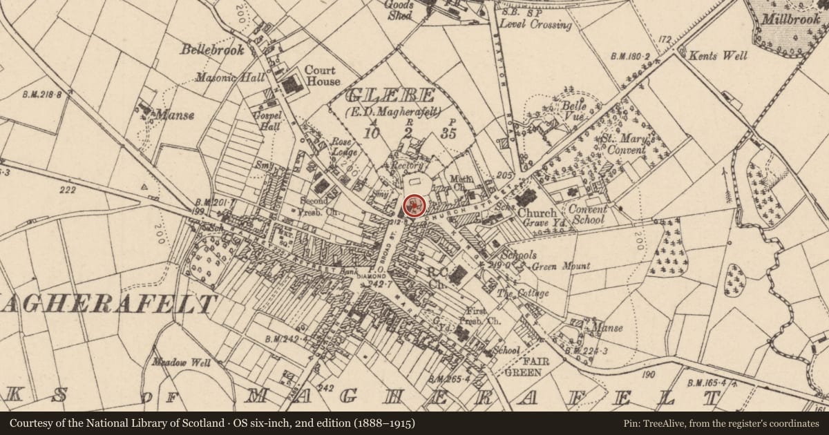 Ordnance Survey six-inch map, 2nd edition (1888–1915) covering the location of Old Bridewell, Mid Ulster, with a pin at the register's coordinates