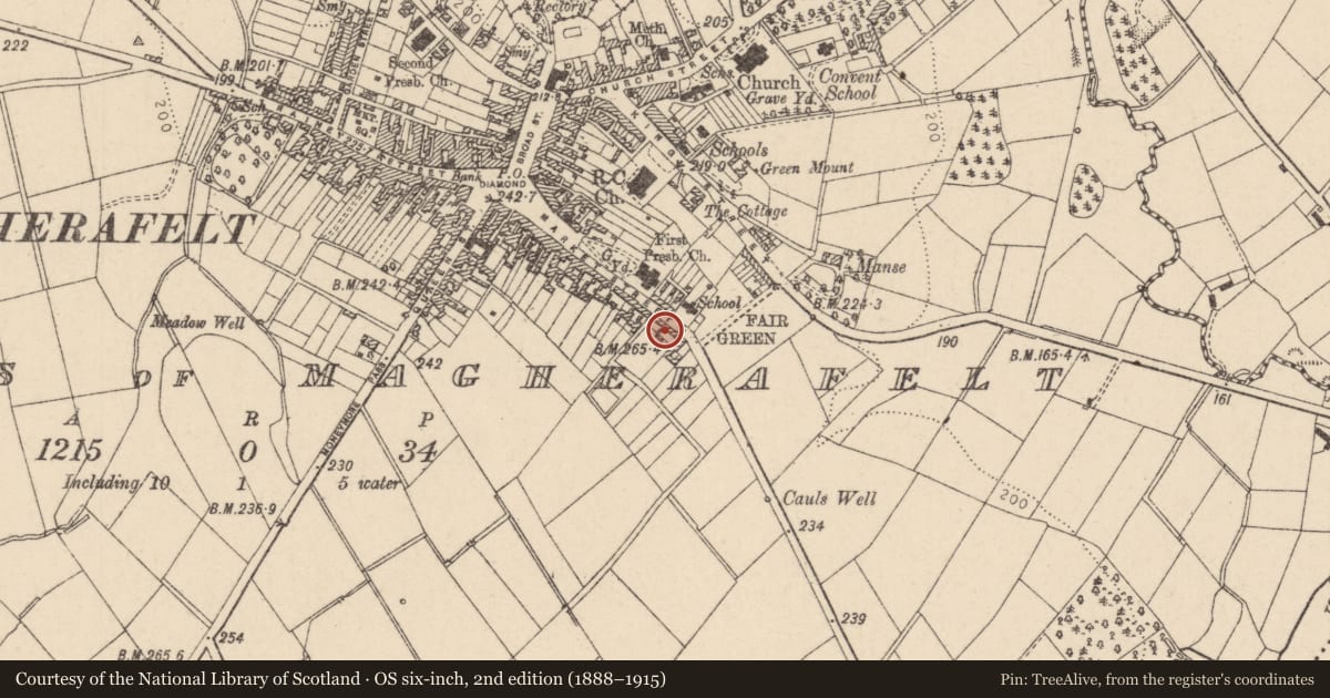 Ordnance Survey six-inch map, 2nd edition (1888–1915) covering the location of Old Courthouse, Mid Ulster, with a pin at the register's coordinates