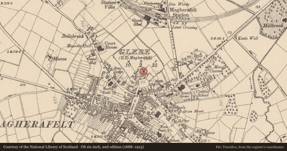 Ordnance Survey six-inch map, 2nd edition (1888–1915) covering the location of The Rectory, Mid Ulster, with a pin at the register's coordinates