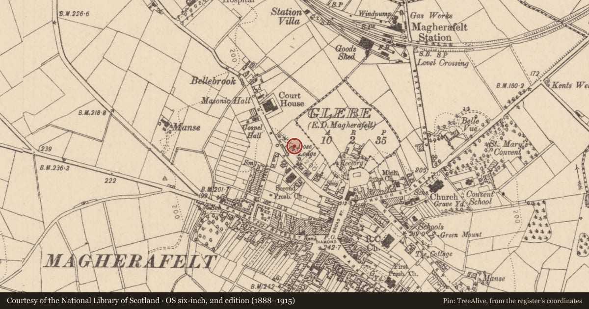 Ordnance Survey six-inch map, 2nd edition (1888–1915) covering the location of Rose Lodge, Mid Ulster, with a pin at the register's coordinates