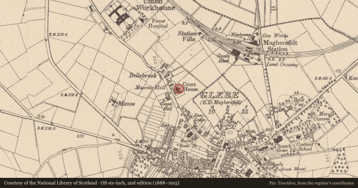 Ordnance Survey six-inch map, 2nd edition (1888–1915) covering the location of Court House, Mid Ulster, with a pin at the register's coordinates