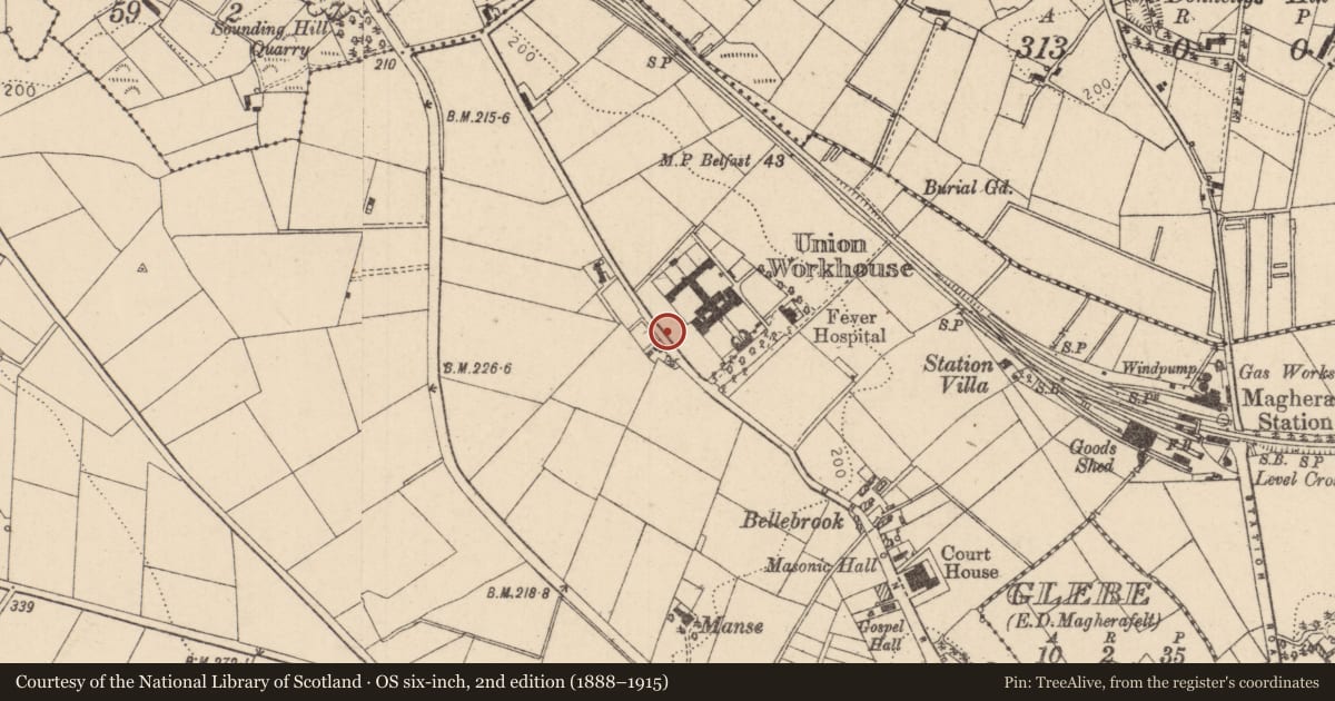 Ordnance Survey six-inch map, 2nd edition (1888–1915) covering the location of The Old Brewery, Mid Ulster, with a pin at the register's coordinates