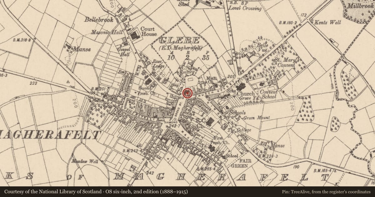 Ordnance Survey six-inch map, 2nd edition (1888–1915) covering the location of Pump, Townparks of Magherafelt, Mid Ulster, with a pin at the register's coordinates