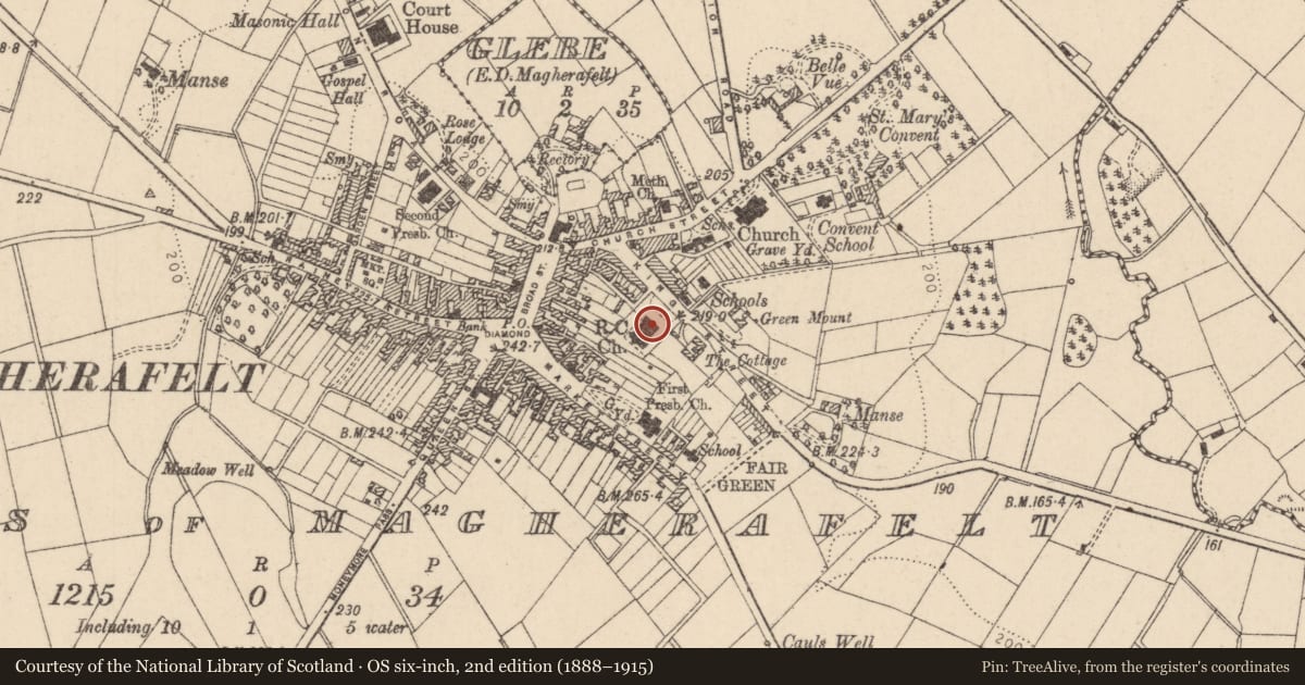 Ordnance Survey six-inch map, 2nd edition (1888–1915) covering the location of Our Lady Of The Assumption R C CHURCH, Mid Ulster, with a pin at the register's coordinates