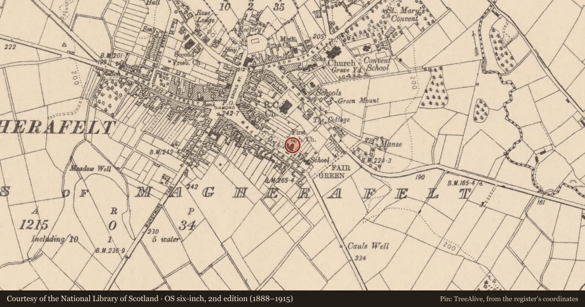 Ordnance Survey six-inch map, 2nd edition (1888–1915) covering the location of First Presbyterian Church, Mid Ulster, with a pin at the register's coordinates