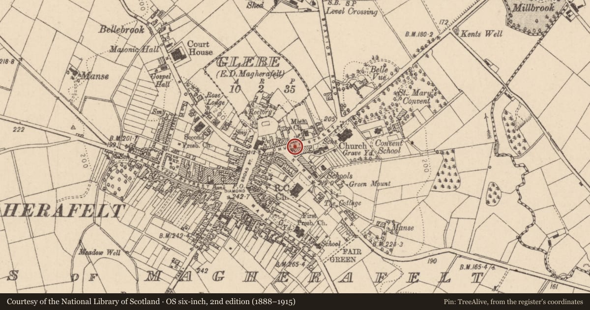 Ordnance Survey six-inch map, 2nd edition (1888–1915) covering the location of 17 Church St., Mid Ulster, with a pin at the register's coordinates
